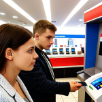 **

A modern, brightly lit bank branch interior in Moldova. Several customers are interacting with bank tellers, while others are using ATMs. A young woman is easily navigating the bank's mobile app on her smartphone. The scene conveys a sense of trust and technological advancement. Consider a composition showcasing both personal interaction and digital convenience within the banking environment.

**