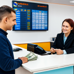 A professional traveler, fully clothed in modest, appropriate attire, stands at a clean, modern currency exchange office counter in Chisinau, Moldova. They are politely interacting with a bank clerk, exchanging money. Visible in the background are clear, professional exchange rate displays and subtle architectural details typical of Chisinau. The scene captures a moment of financial transaction, emphasizing transparency and ease. Perfect anatomy, correct proportions, natural pose, well-formed hands, proper finger count, natural body proportions. Safe for work, appropriate content, family-friendly, professional photography, high quality.