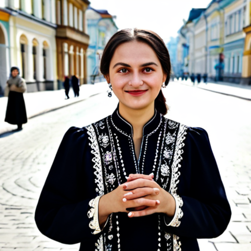 A professional portrait of a welcoming Moldovan woman in a modest, contemporary outfit with subtle traditional embroidery details, standing on a bustling street in Chișinău. The background features a blend of classic Romanian-style architecture and well-preserved Soviet-era buildings, reflecting the city's diverse historical layers. People in the background are fully clothed, engaged in daily life. The scene conveys a sense of cultural fusion and everyday vibrancy. Perfect anatomy, correct proportions, natural pose, well-formed hands, proper finger count, natural body proportions. High-quality professional photography, family-friendly, safe for work, appropriate content.