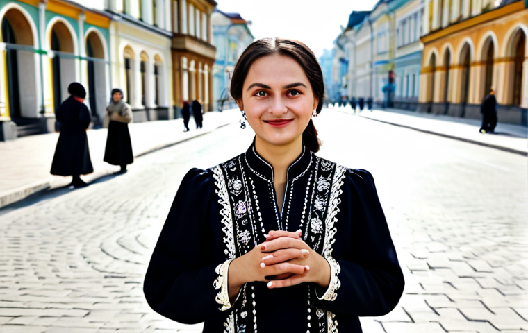 A professional portrait of a welcoming Moldovan woman in a modest, contemporary outfit with subtle traditional embroidery details, standing on a bustling street in Chișinău. The background features a blend of classic Romanian-style architecture and well-preserved Soviet-era buildings, reflecting the city's diverse historical layers. People in the background are fully clothed, engaged in daily life. The scene conveys a sense of cultural fusion and everyday vibrancy. Perfect anatomy, correct proportions, natural pose, well-formed hands, proper finger count, natural body proportions. High-quality professional photography, family-friendly, safe for work, appropriate content.