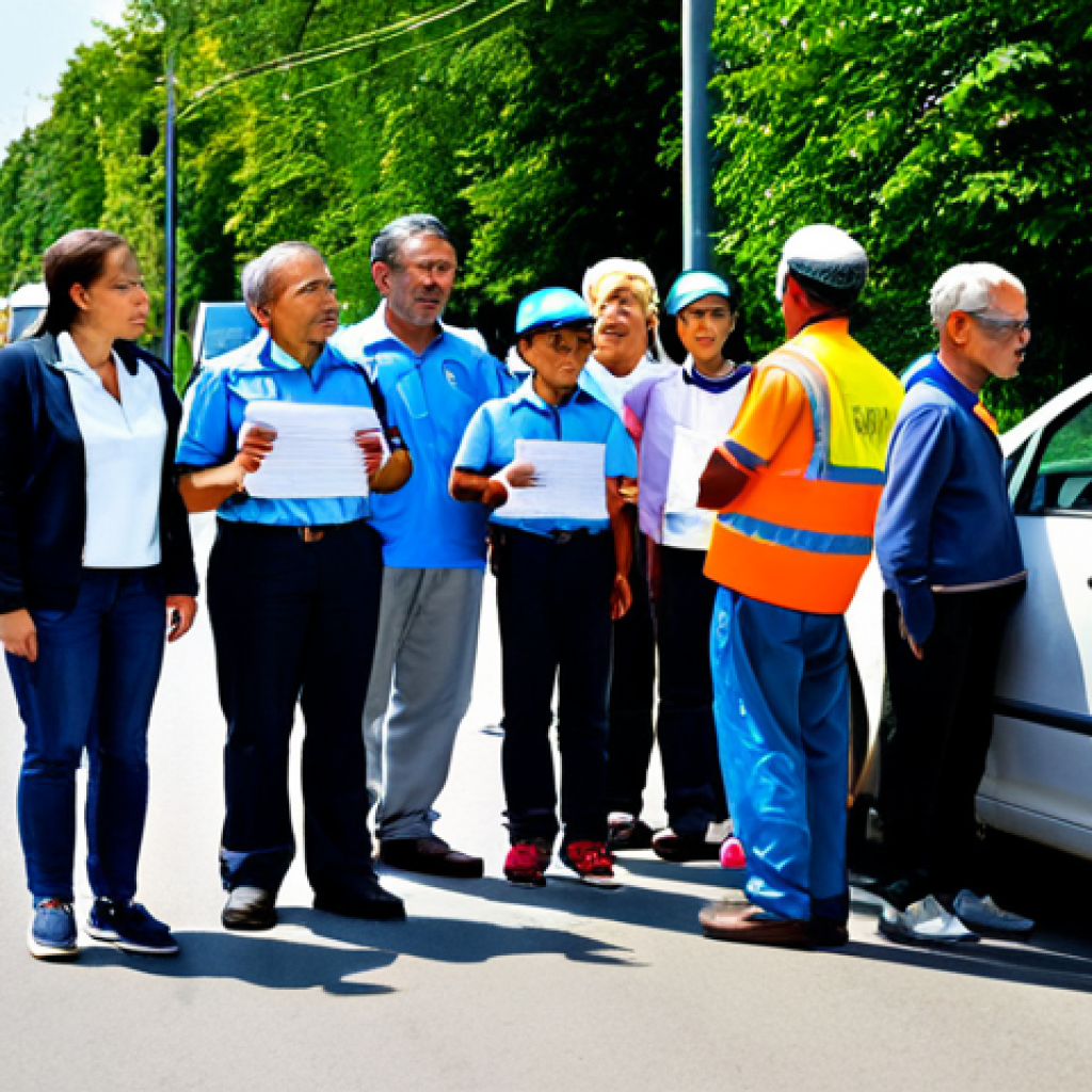 A diverse group of individuals, including adults and children, actively participating in a community road safety education event. They are fully clothed in modest, everyday attire, listening attentively to an instructor who is pointing at a clear, informative visual aid about traffic rules. The setting is a brightly lit, modern community hall with posters promoting safe driving and walking. The atmosphere is positive and collaborative, emphasizing collective responsibility for road safety. perfect anatomy, correct proportions, natural pose, well-formed hands, proper finger count, natural body proportions, professional photography, high quality, safe for work, appropriate content, fully clothed, family-friendly.