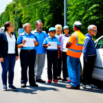 A diverse group of individuals, including adults and children, actively participating in a community road safety education event. They are fully clothed in modest, everyday attire, listening attentively to an instructor who is pointing at a clear, informative visual aid about traffic rules. The setting is a brightly lit, modern community hall with posters promoting safe driving and walking. The atmosphere is positive and collaborative, emphasizing collective responsibility for road safety. perfect anatomy, correct proportions, natural pose, well-formed hands, proper finger count, natural body proportions, professional photography, high quality, safe for work, appropriate content, fully clothed, family-friendly.