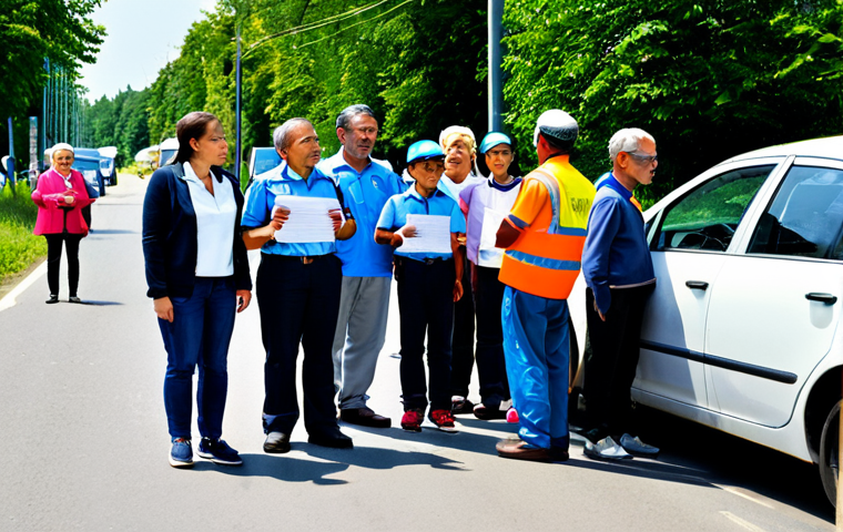 A diverse group of individuals, including adults and children, actively participating in a community road safety education event. They are fully clothed in modest, everyday attire, listening attentively to an instructor who is pointing at a clear, informative visual aid about traffic rules. The setting is a brightly lit, modern community hall with posters promoting safe driving and walking. The atmosphere is positive and collaborative, emphasizing collective responsibility for road safety. perfect anatomy, correct proportions, natural pose, well-formed hands, proper finger count, natural body proportions, professional photography, high quality, safe for work, appropriate content, fully clothed, family-friendly.