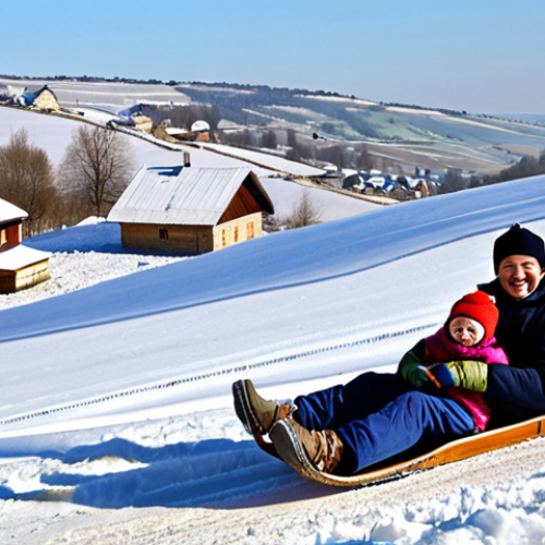 Home 24 **
"A family enjoying a traditional sledding outing on a snowy hillside in the Moldavian countryside. The family is fully clothed in warm winter attire, laughing and smiling. In the background, traditional Moldavian houses are visible under a blanket of snow. safe for work, appropriate content, fully clothed, family-friendly, perfect anatomy, correct proportions, natural pose, professional photography, high quality."
**