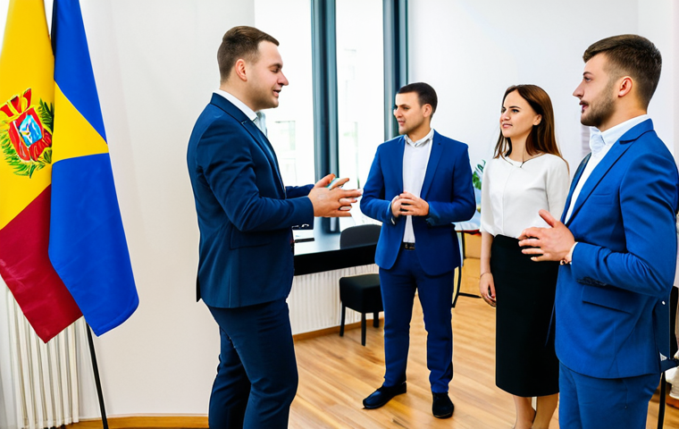 Networking Event in Chisinau**
"A vibrant networking event in Chisinau, Moldova. Focus on diverse entrepreneurs engaging in conversation. Background shows modern office space with Moldovan flags subtly displayed. Participants are fully clothed in professional attire. Perfect anatomy, correct proportions, natural pose, well-formed hands, proper finger count, natural body proportions. Safe for work, appropriate content, fully clothed, professional photography, high quality."
**