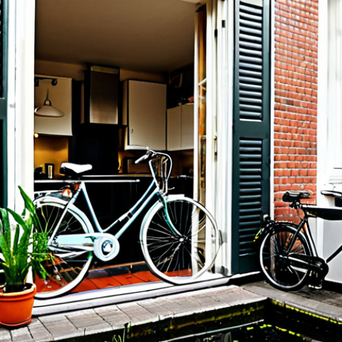 Home 22 Cozy Canal-Side Apartment**
Prompt: A warm and inviting interior shot of a small Amsterdam apartment overlooking a canal. Include a bicycle leaning against a wall, plants on the windowsill, and a person cooking in a compact kitchen. The style should be realistic, depicting modest but comfortable furniture. Focus on a cozy and lived-in atmosphere. Keywords: Amsterdam, apartment, canal, cozy, bicycle, cooking, plants, realistic, budget-friendly, *sfeervol*.
**