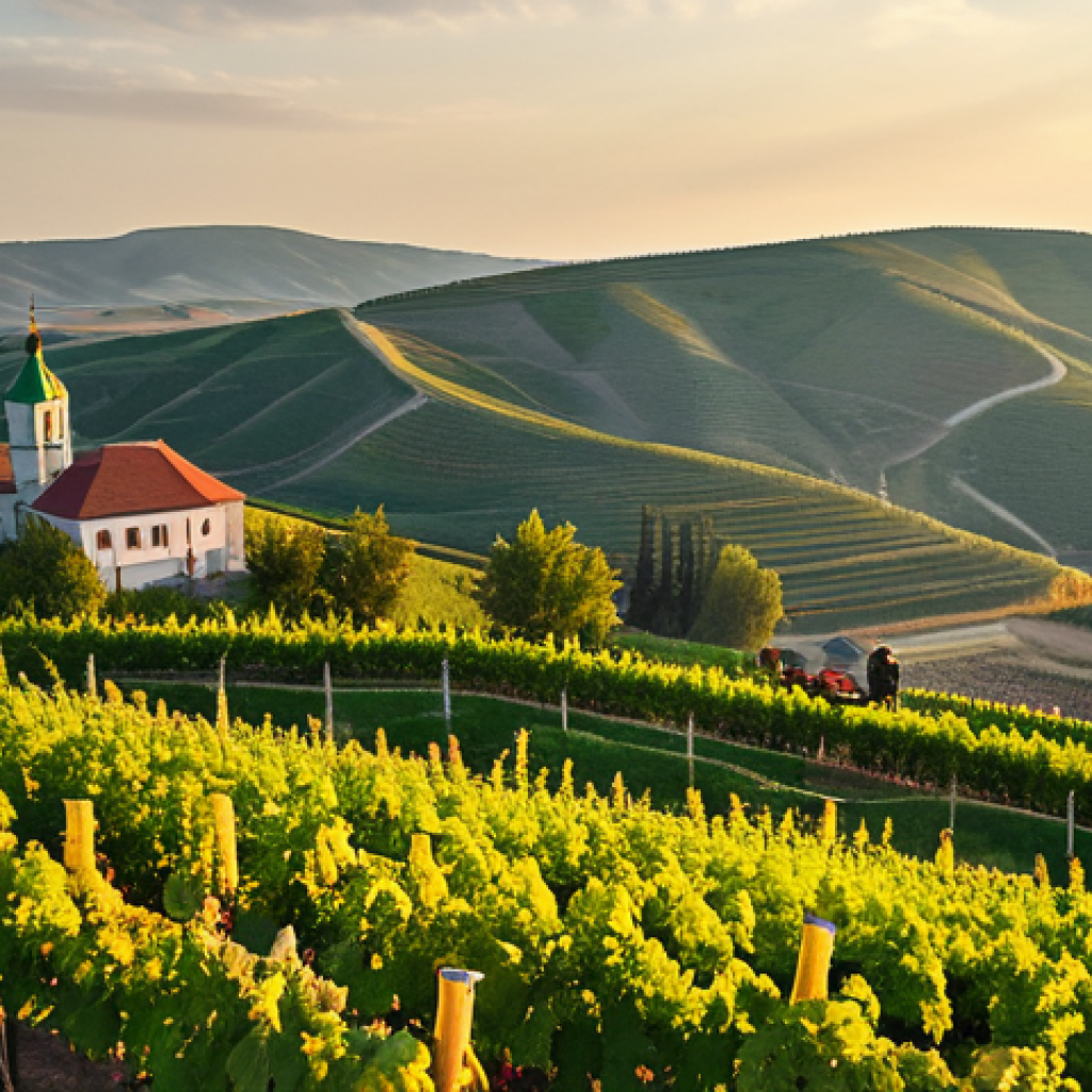 **Moldovan Vineyard Landscape:** "Scenic view of a lush vineyard in the Moldovan countryside during harvest season, rolling hills, golden light, workers harvesting grapes, traditional Moldovan architecture in the background, fully clothed, appropriate attire, safe for work, perfect anatomy, natural proportions, professional photography, high quality, family-friendly."