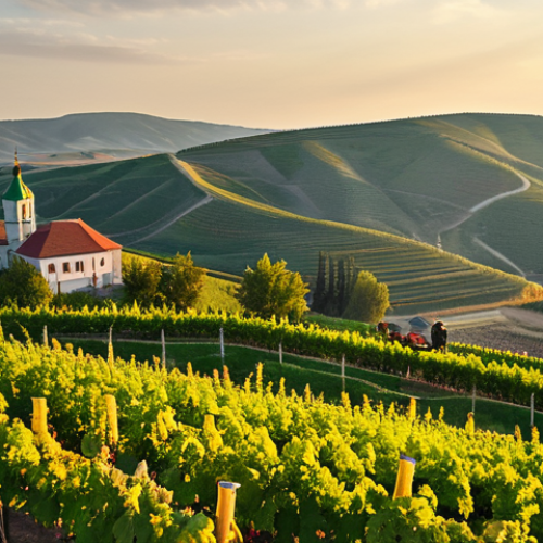 Home 21 **Moldovan Vineyard Landscape:** "Scenic view of a lush vineyard in the Moldovan countryside during harvest season, rolling hills, golden light, workers harvesting grapes, traditional Moldovan architecture in the background, fully clothed, appropriate attire, safe for work, perfect anatomy, natural proportions, professional photography, high quality, family-friendly."