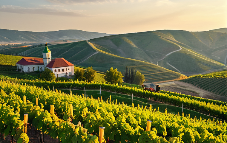 **Moldovan Vineyard Landscape:** "Scenic view of a lush vineyard in the Moldovan countryside during harvest season, rolling hills, golden light, workers harvesting grapes, traditional Moldovan architecture in the background, fully clothed, appropriate attire, safe for work, perfect anatomy, natural proportions, professional photography, high quality, family-friendly."