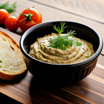 몰도바 채식 요리 - **Image of Salată de Vinete:** "A rustic wooden table laden with a bowl of Salată de Vinete (smoked ...